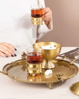 سینی چای گرد کویین برنجی طلایی AQ-7713