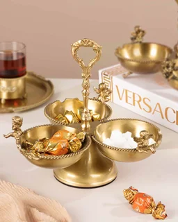 اردو خوری 3 پیاله پایه دار کویین برنجی طلایی AQ-7714