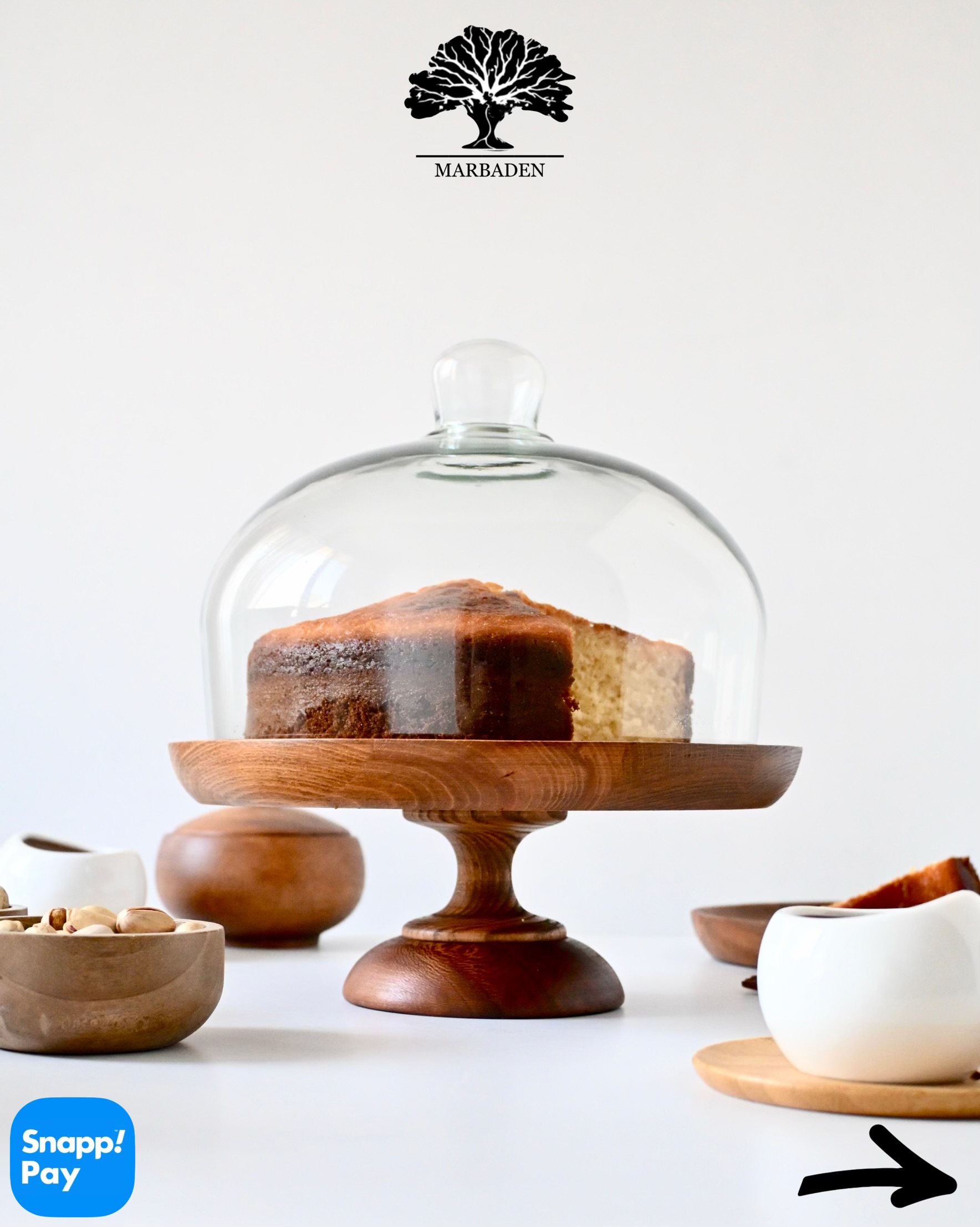 کیک خوری پایه دار با درب پیرکس قطر 25cm (چوب راش فندقی) Adana-25