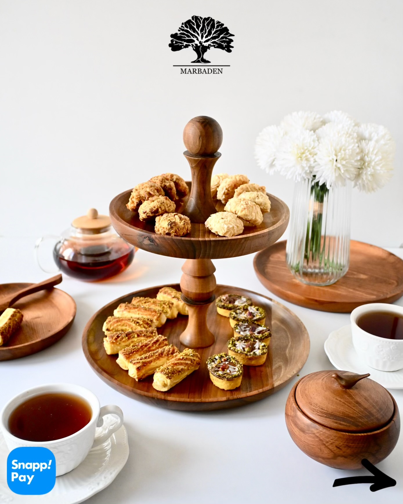 شیرینی خوری چوبی دو طبقه گرد سایز متوسط (چوب گردو) Roermon-MT2
